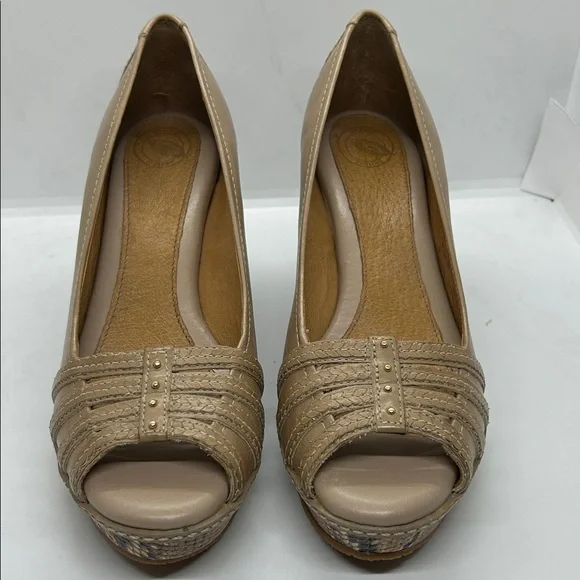 Nurture Women's Shoes Tan Leather Carmen Peep Toe Wedge Snakeskin Size 8.5 M - Picture 1 of 12